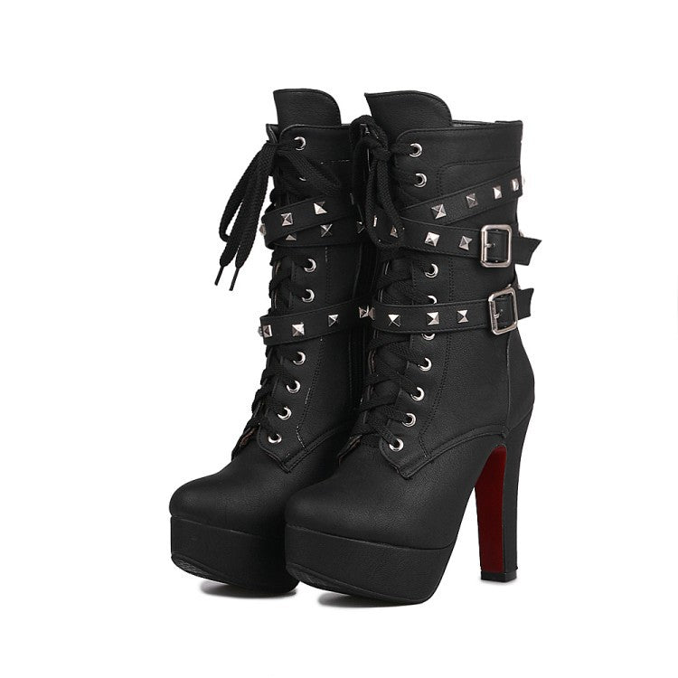 Rivets Straps Lace Up Round Toe Platform Stiletto High Heels Half Martin Boots