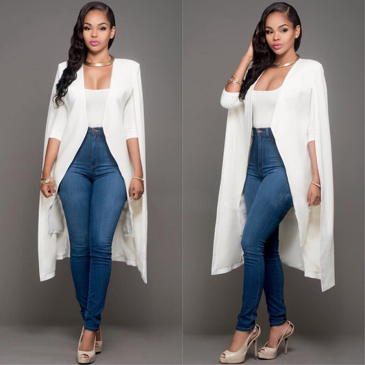 Deep V-neck Solid Color Women Cape Long Sleeves Blazer