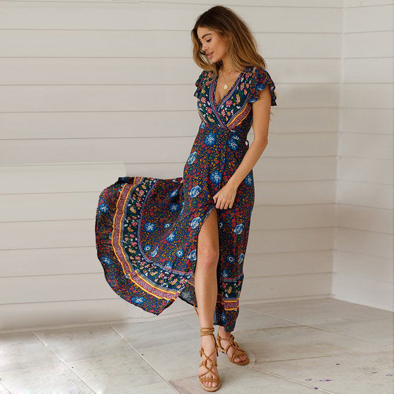 Floral Warp Strappy Tie Waist Holiday Dress