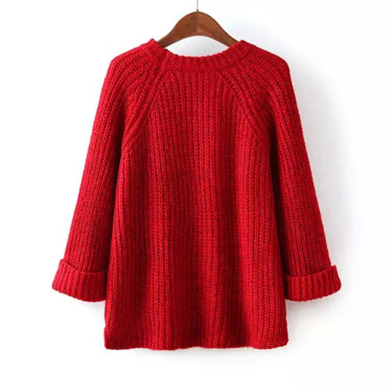 Crew Neck Solid Color Loose Irregular Women Pullover Sweater