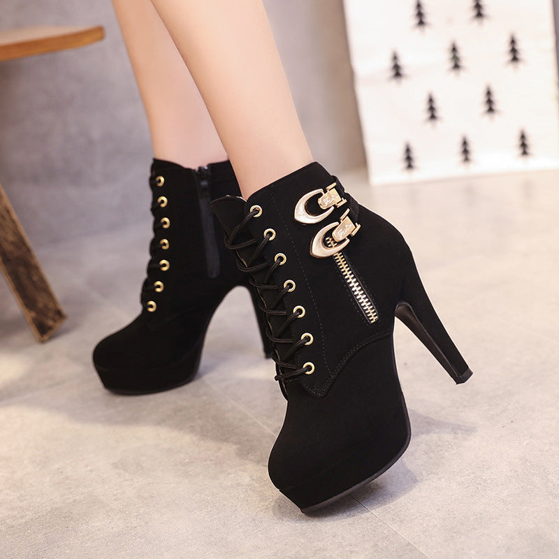 Pointed Toes Lace Up Side Zipper Stiletto High Heels Short Boots