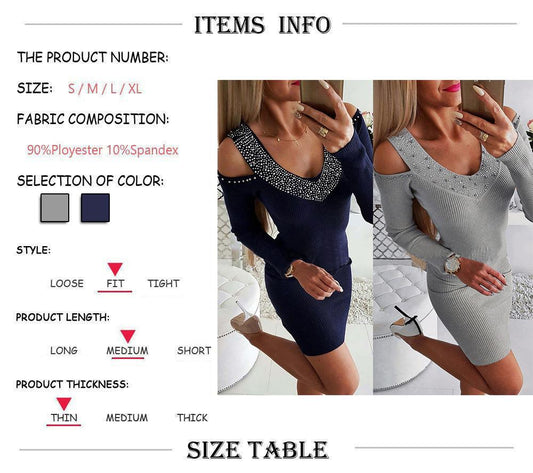 V-neck Off Shoulder Waist Hot Drill Sweater Bodycon Dress