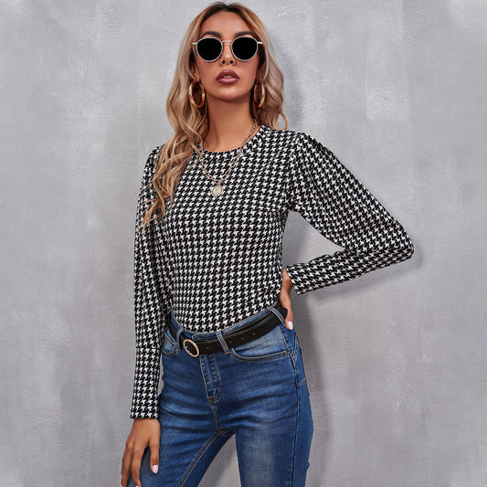 Round neck Plaid slim T-shirt