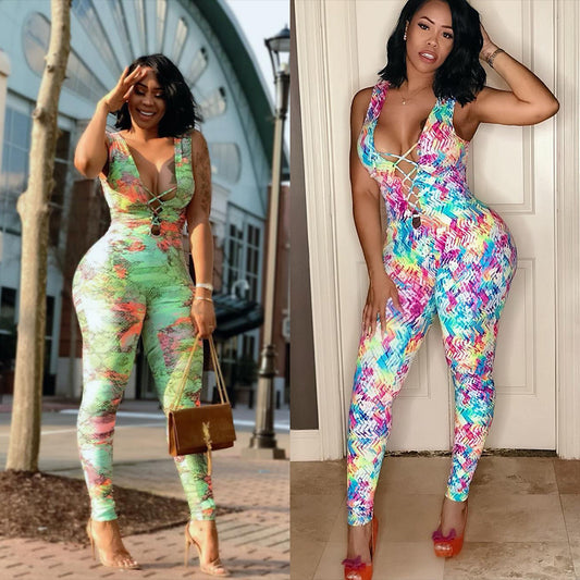 Multi color printing strap off shoulder Jumpsuit