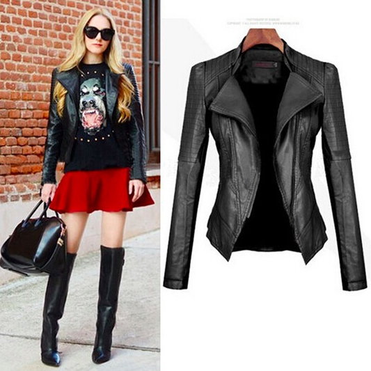 Turn Down PU Leather Womens Jacket