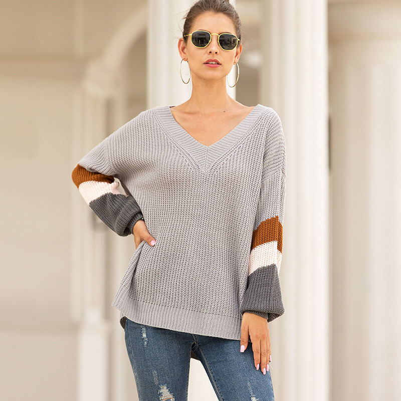 V-Neck Lantern Sleeve Striped Women Sweater