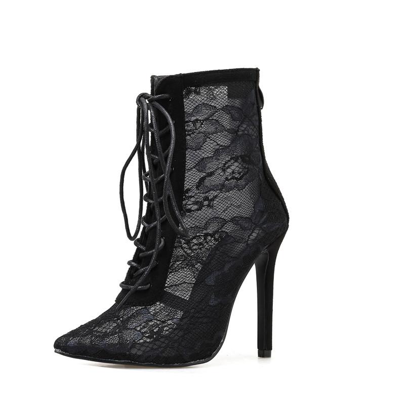 Black Lace Pointed Toe Strap High Heels Ankle Boots