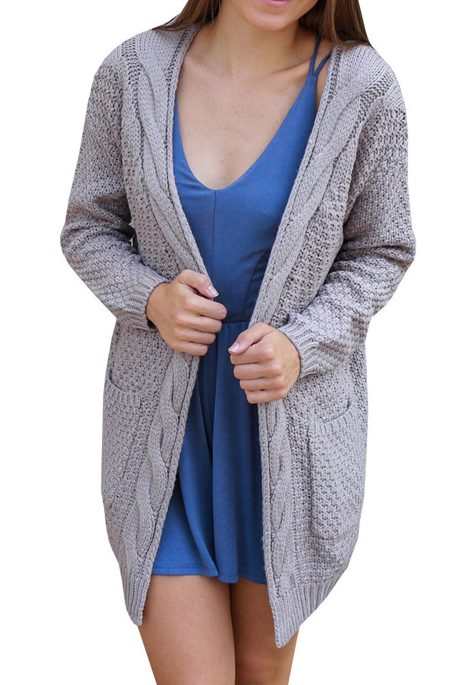 Cable Pockets Solid Color Long Cardigan