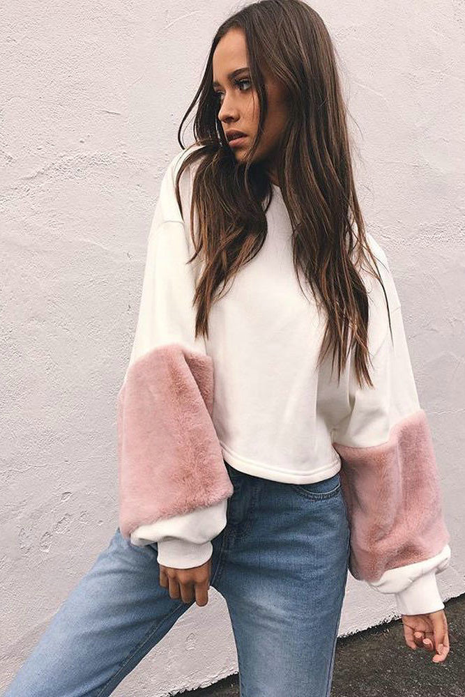 Patchwork Loose Pullover Crop Top Short Sweatshirt