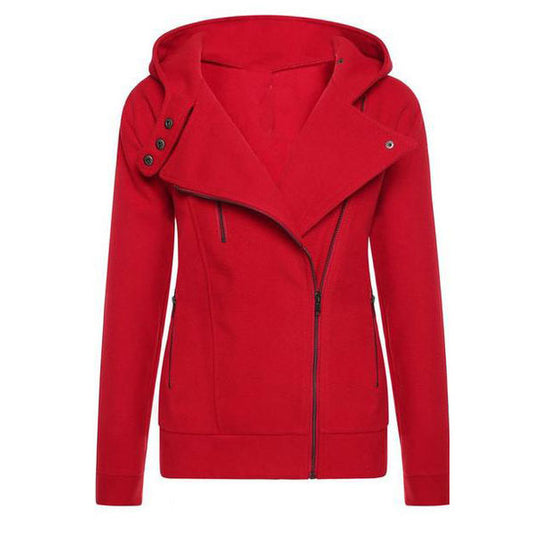 Solid Color Zipper Buttons Hooded Coat Slim Hoodie