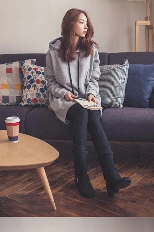 Pure Color Drawstring Pocket Long Loose Hoodie