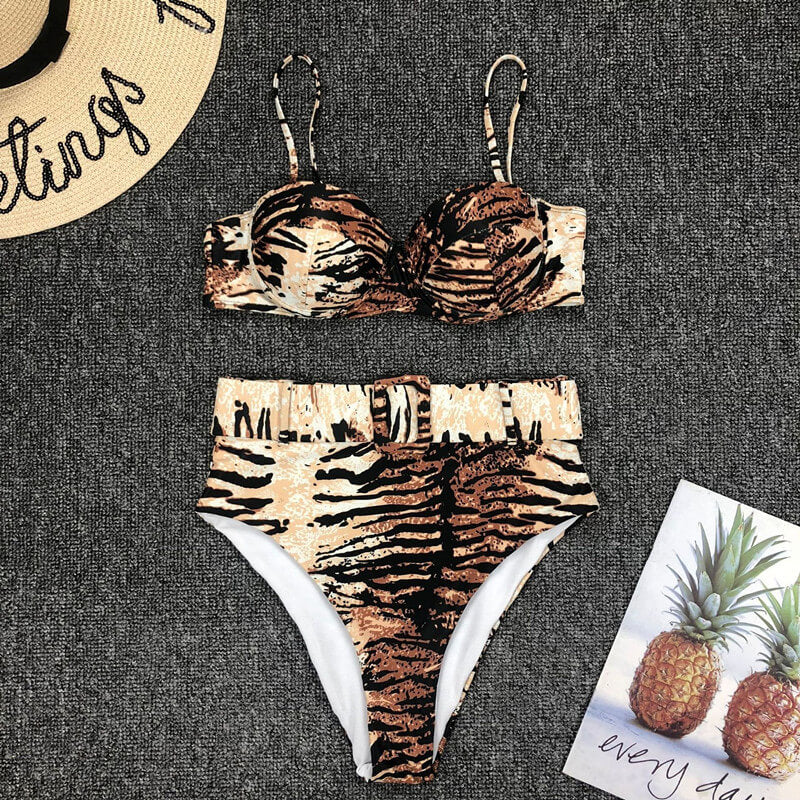 Tiger Print Buckle High Rise Triangle Bikinis