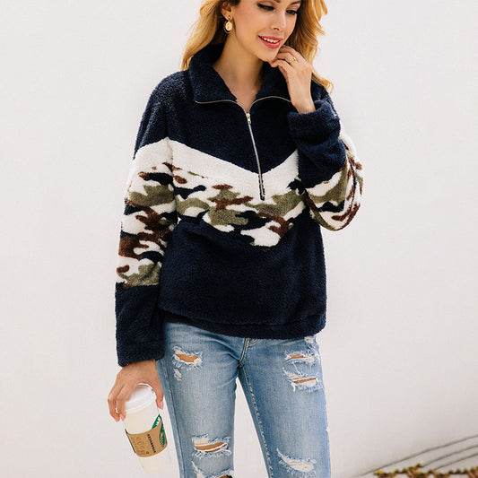 Fuzzy Camouflage Zipper Pockets Sweatshirt