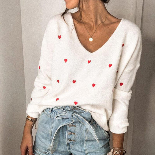 Hearts Pattern V Neck Sweater