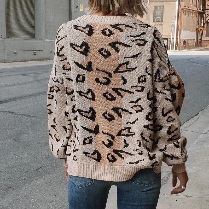 V Neck Colorblock Leopard Sweater