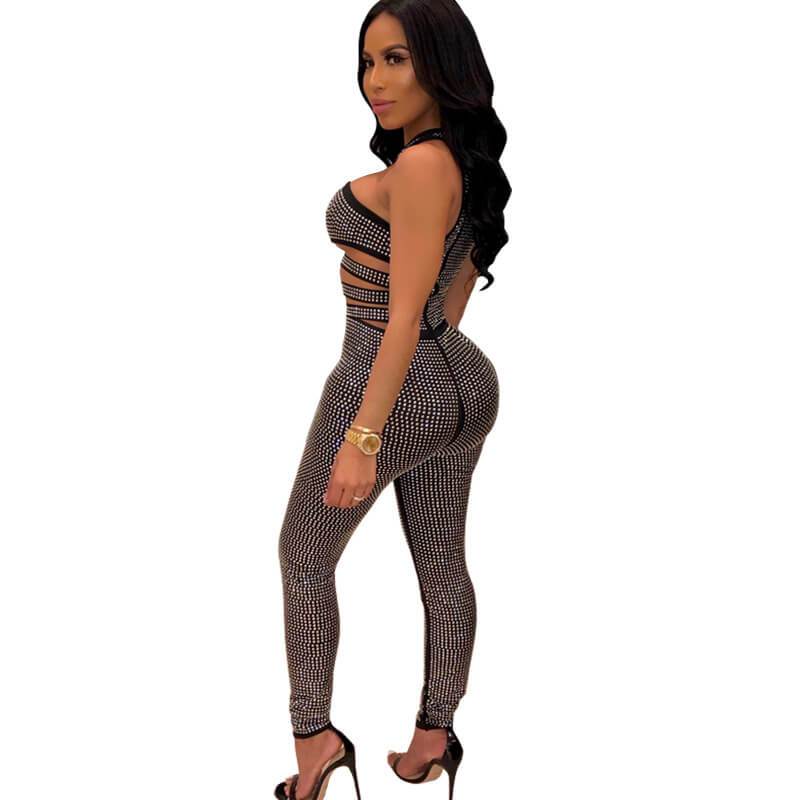 Party Sleeveless Bodycon Rhinestone Irregular Cutout Jumpsuits