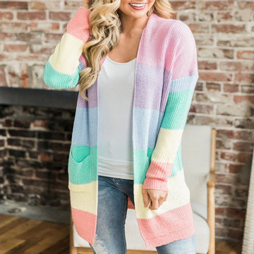 Pockets Colorblock Rainbow Knit Cardigan