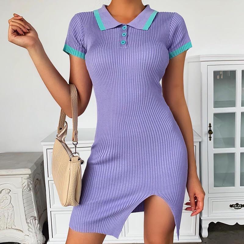 Polo Neck Slits Ribbed Bodycon Short Dress