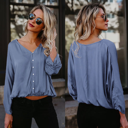 Pure Color V-neck Long Sleeves Regular Loose Blouse