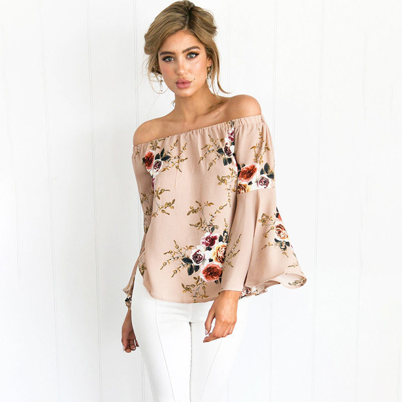 Off Shoulder Flower Print Long Trumpet Sleeves Loose Blouse