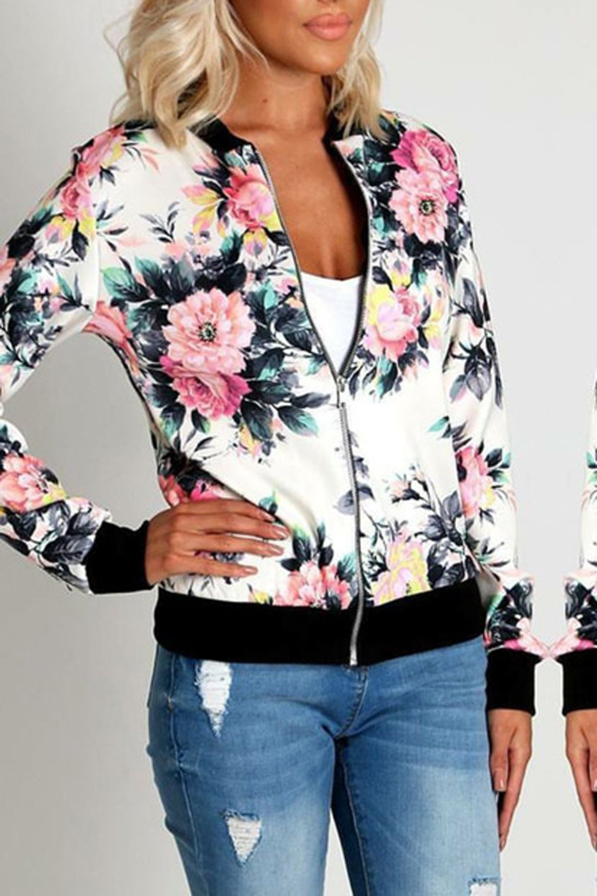 Flower Print Stand Collar Patchwork Short Jacket Coat