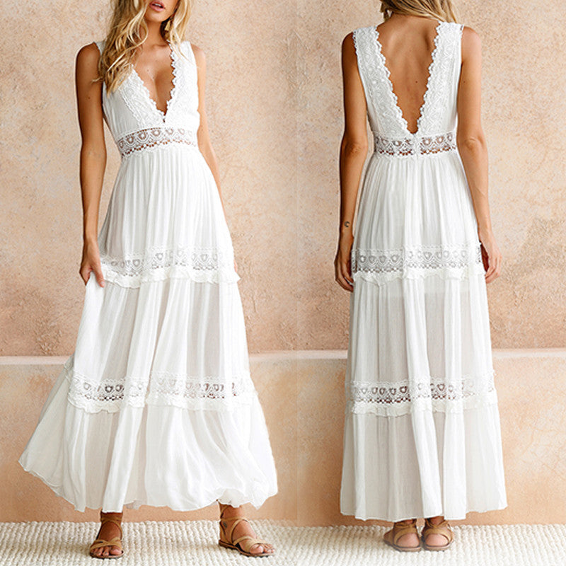 Beach Lace Patchwork Sleeveless Backless Maxi Dress