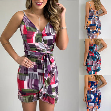 Printed Sling Wrap Short Dress