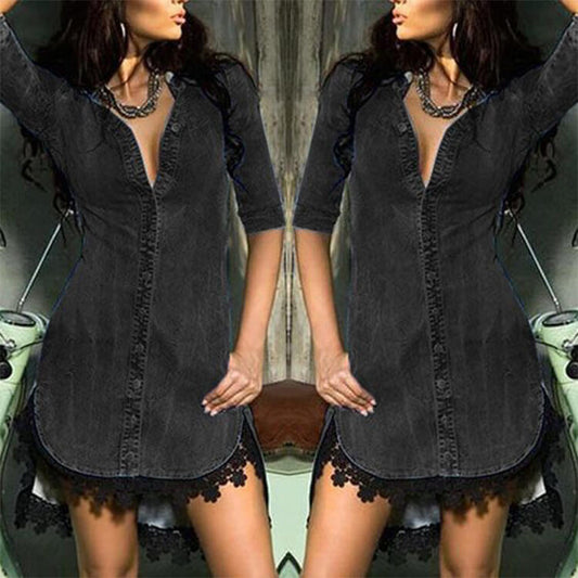 Plus Size Denim Lace Patchwork Long Sleeve Dress