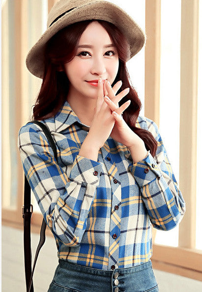 Long Sleeves Slim Plaid Turn-down Collar Flower Print Blouse