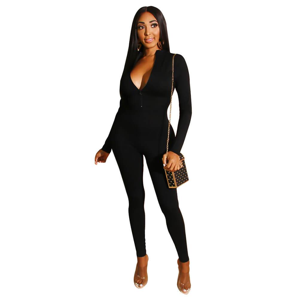 Long Sleeves Mock Neck Utility Skinny Jumpsuits