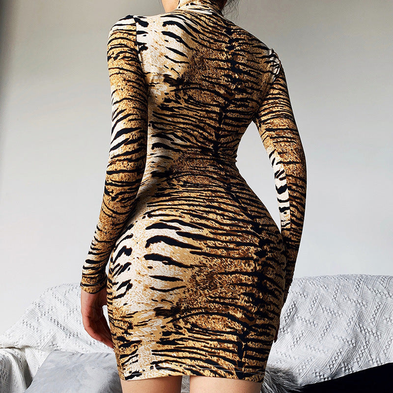 Tiger Skin With Gloves Bodycon Turtleneck Dress