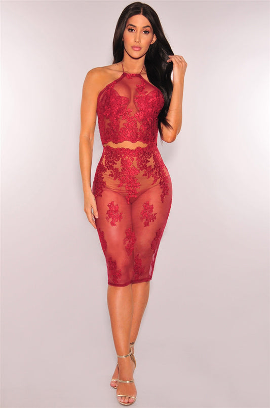 Flower Embroidery Transparent Crop Top with High-waist Skirt Two Pieces Dress Set