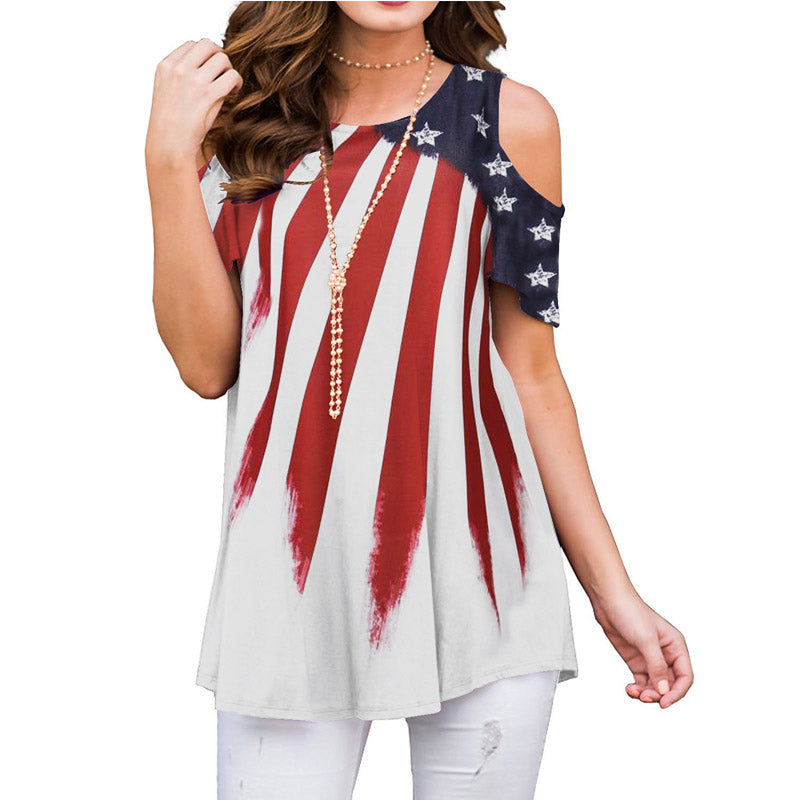 Casual Flag Print Cutout Short Sleeve Loose T-shirts