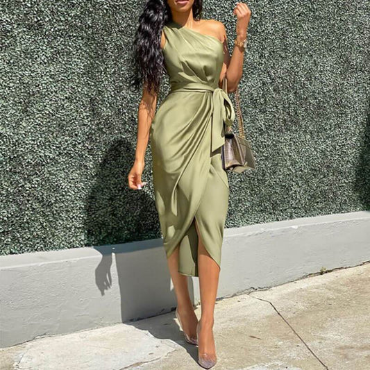 Satin Tight Slash Neck Tie Waist Midi Dress