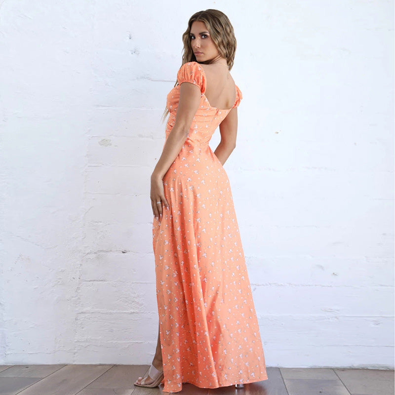 Sweetheart Neckline Floral Slit Maxi Dress