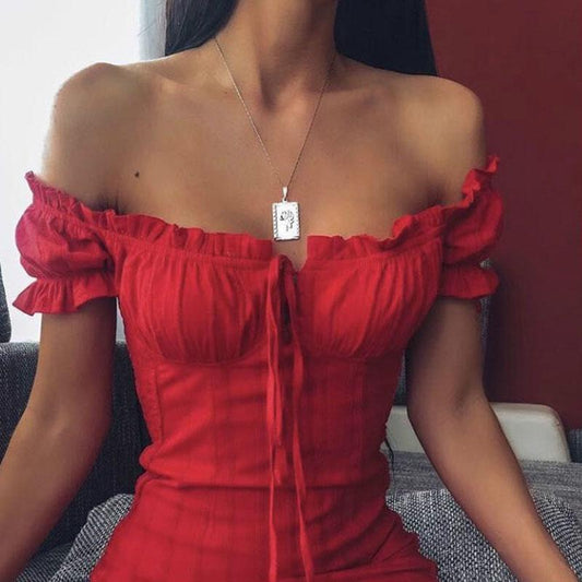 Off Shoulder Beautify Back Ruffle Bodycon Short Dress