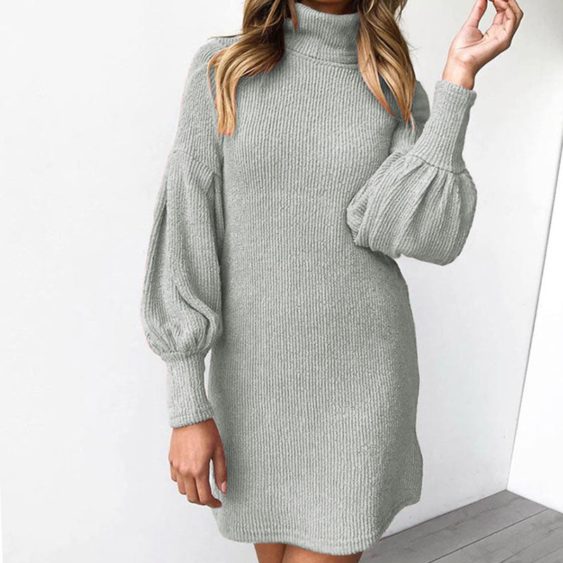 Turtleneck Bishop Sleeve Corduroy Short Dress