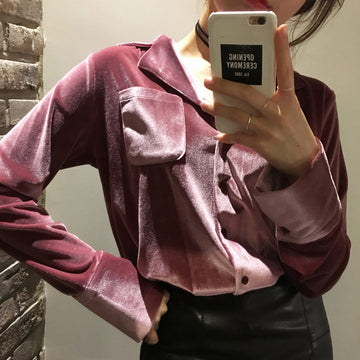 Loose V-neck Pure Color Velvet Long Sleeves Pocket Blouse