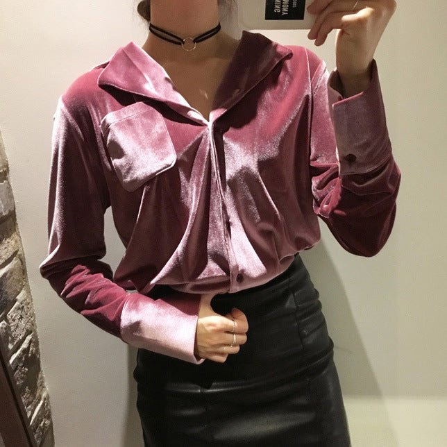 Loose V-neck Pure Color Velvet Long Sleeves Pocket Blouse