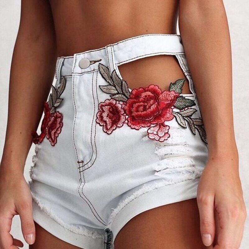 Flower Print High Waist Cut Out Hole Slim Shorts