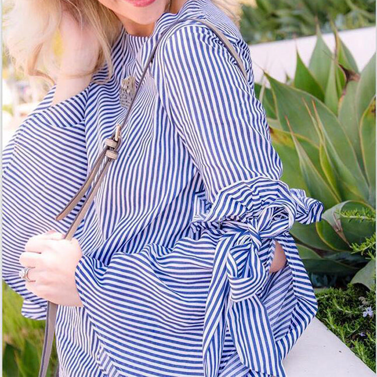 Scoop Striped Long Turmpet Sleeves Bowknot Loose Blouse