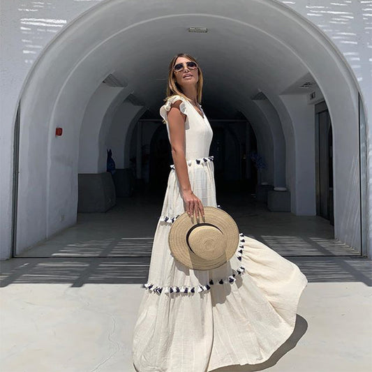 White V Neck Sleeveless High Waist Maxi Dress