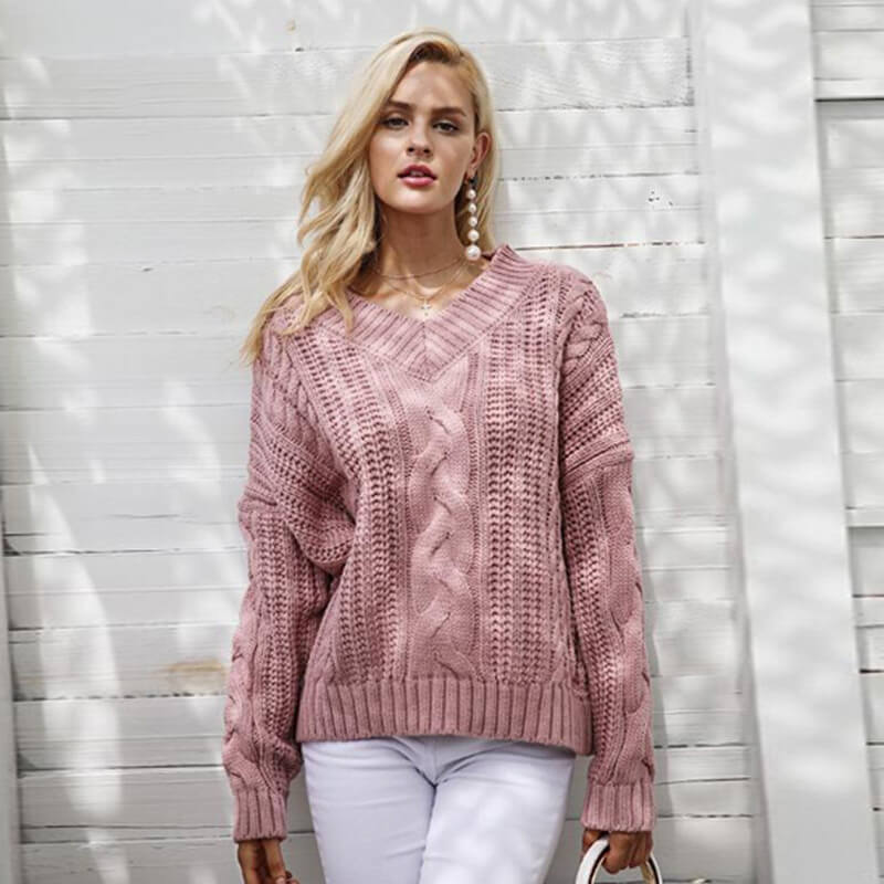 Loose V Neck Cable Knitted Sweater