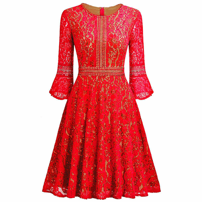 European 3/4 Trumpet Sleeves Pleated Knee-length Party Dress