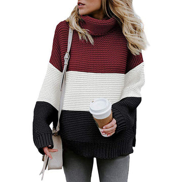 Turtleneck Colorblock Crochet Pullover Sweater