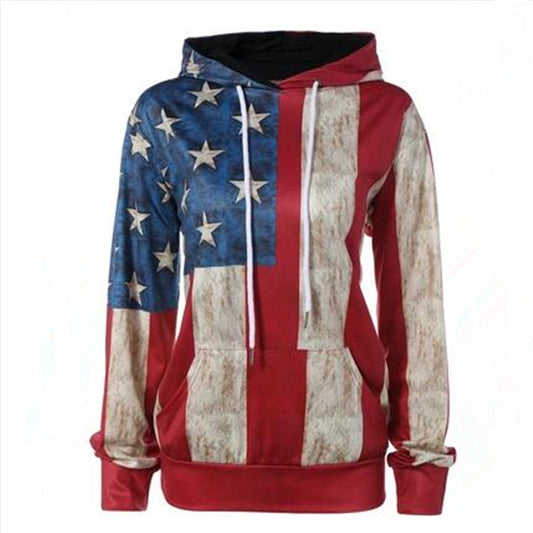 Flag Print Patchwork Pocket Drawstring Hoodie