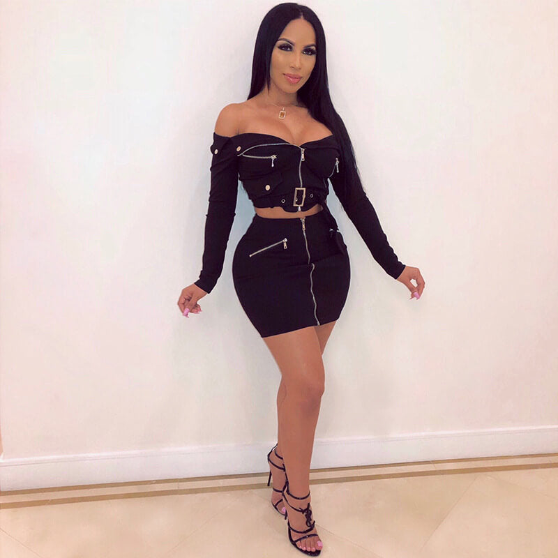Off Shoulder Crop Top Zipper short Skirt Set