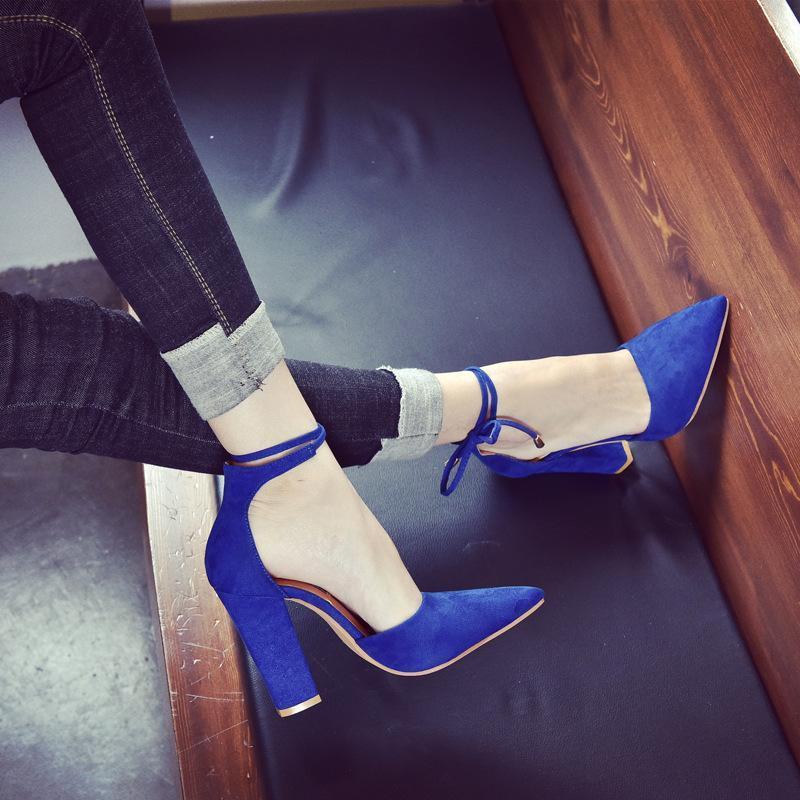 Pointed Toe Low Cut Ankle Lace Up High Chunky Heels