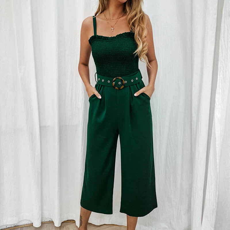 Wide Leg With Belt Square Neck Women Jumpsuit