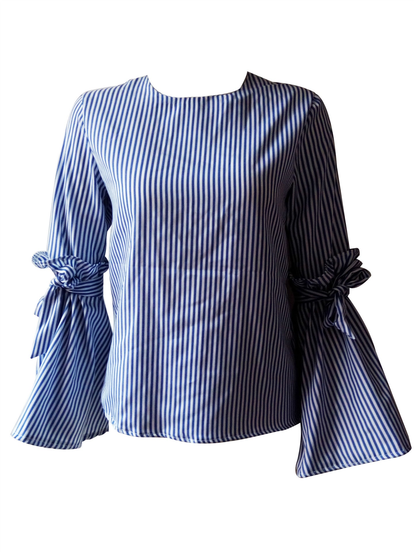 Scoop Striped Long Turmpet Sleeves Bowknot Loose Blouse